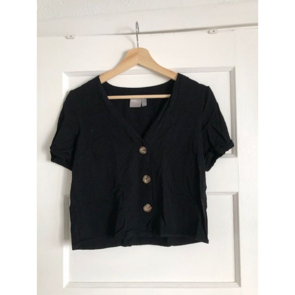 V Neck Button Down Cropped Black Work Shirt
